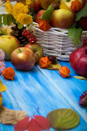 Autumn bright background. Flowers, leaves and fruits on a blue wooden background. Background for the autumn holidays and thanksgiving day.の写真素材