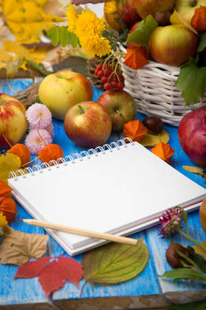 Autumn bright background. Notebook for the inscription. Flowers, leaves and fruits on a blue wooden background. Background for the autumn holidays and thanksgiving day.の写真素材