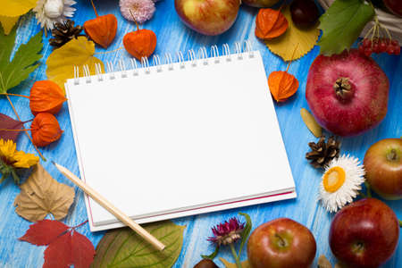 Autumn bright background. Notebook for the inscription. Flowers, leaves and fruits on a blue wooden...