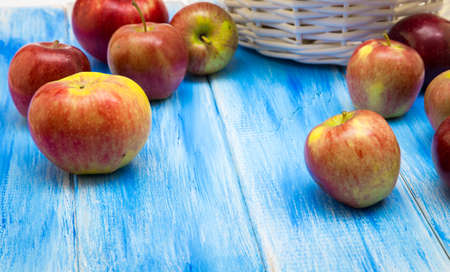 Apples on a blue wooden background. Red and yellow farm apples.の写真素材