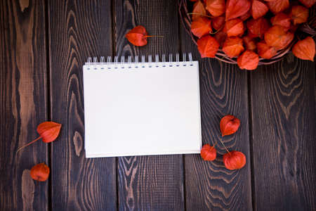 Autumn bright background. Notebook for the inscription. Flowers, leaves and fruits on a brown wooden background. Background for the autumn holidays and thanksgiving day.の写真素材