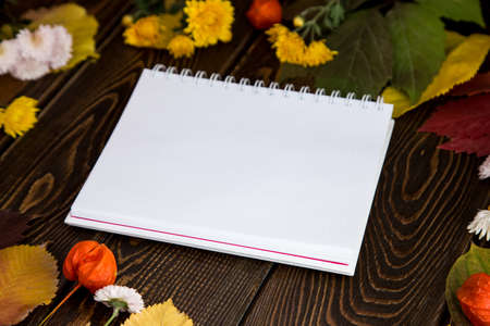Autumn bright background. Notebook for the inscription. Flowers, leaves and fruits on a brown wooden...