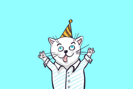 Kawaii, a cheerful cat in a shirt and a cap with paws up. Greeting card, drawing for your design. Cartoon styleのイラスト素材
