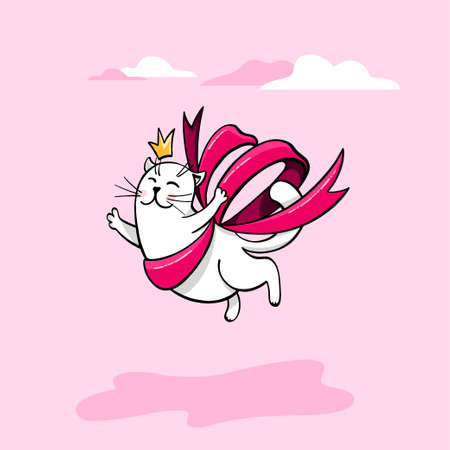 Kawaii, a happy cat with a bow flying in the clouds with a crown on his head. Hand drawn vector illustration. Cartoon styleのイラスト素材