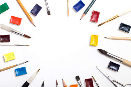 Background with white paper, pencils and eraser. Workplace for the painter. Background to display the logo and lettering. copyspace, space for text. the blogger instrument.の写真素材