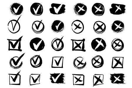 Tick and cross paint stock image. Vector background isolated on white background. Paint and ink strokes for your design. Freehand drawing. dirty strokes.のイラスト素材