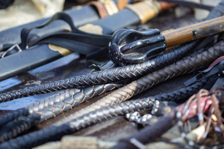 handles woven leather whips. texture of vintage instruments.の写真素材
