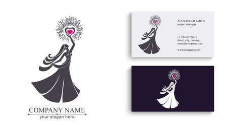 Logo of a woman with her hair in a long dress holding a burning heart in her hands. Vector template for beauty business or competition. Elegance and classicのイラスト素材