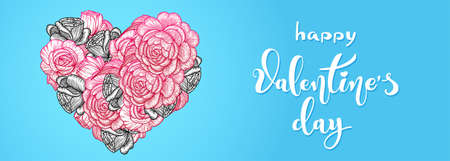 Valentine's day holiday card or banner. Flower heart of roses. calligraphy inscription. Vector illustration.のイラスト素材