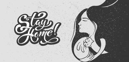 Stay home lettering and drawing of a girl with a cat. Hand drawn lettering. Vector motivational slogan.のイラスト素材