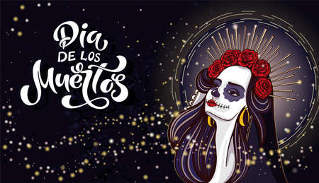 Dia de los Muertos. Girl with makeup - sugar skull with rose flowers. Lettering Dia de los muertos.のイラスト素材