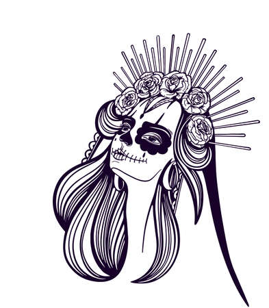 Dia de los Muertos. Girl with makeup - sugar skull with rose flowers. Lettering Dia de los muertos.のイラスト素材