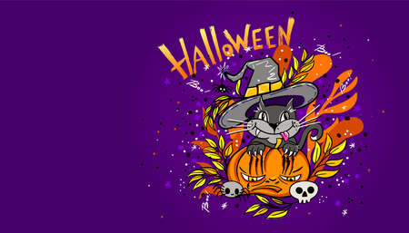 Happy Halloween vector lettering and cheerful illustration. Festive banner with calligraphy, poster or postcard. party invitations. hand drawingのイラスト素材