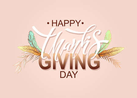 Happy Thanksgiving day. Banner with handwritten lettering and hand-drawn elements. autumn background. vector illustration. A poster for the celebration of the holiday.のイラスト素材