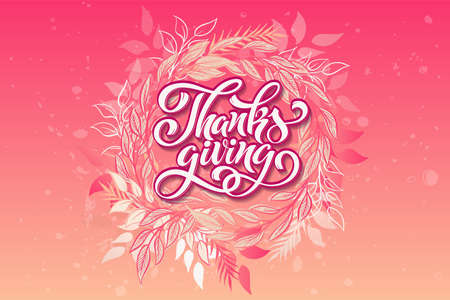 Happy Thanksgiving day. Banner with handwritten lettering and hand-drawn elements. autumn background. vector illustration. A poster for the celebration of the holiday.のイラスト素材
