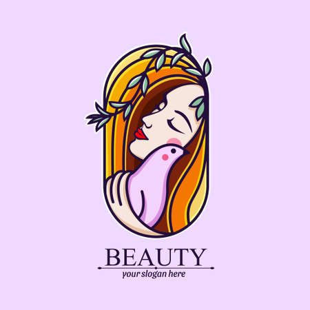Logo woman with a bird. The girl gently hugs the bird. Abstract design concept for many lines of business.のイラスト素材