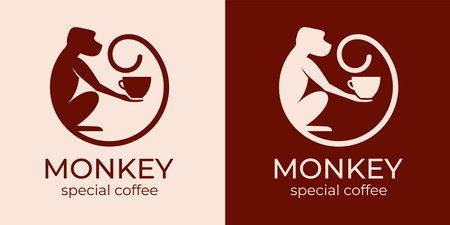 Monkey with a cup of coffee or tea. Logo or badge for coffee shops and cafes. Vector illustration. Special logo.のイラスト素材