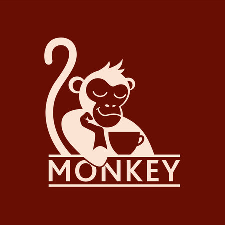 Monkey with a cup of coffee or tea. Logo or badge for coffee shops and cafes. Vector illustration. Special logo.のイラスト素材
