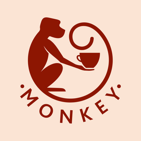 Monkey with a cup of coffee or tea. Logo or badge for coffee shops and cafes. Vector illustration. Special logo.のイラスト素材