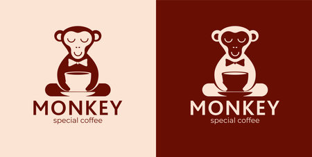 Monkey with a cup of coffee or tea. Logo or badge for coffee shops and cafes. Vector illustration. Special logo.のイラスト素材