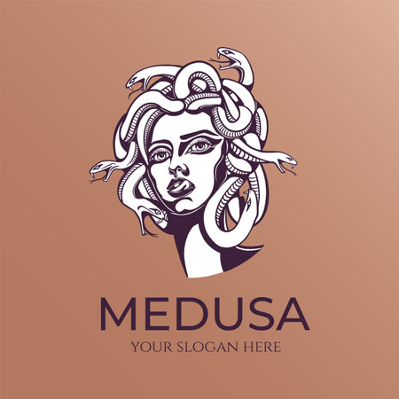 Medusa gorgon logo. Head of a woman with snakes. Protective amulet. Logo for different directions. Vector image.のイラスト素材