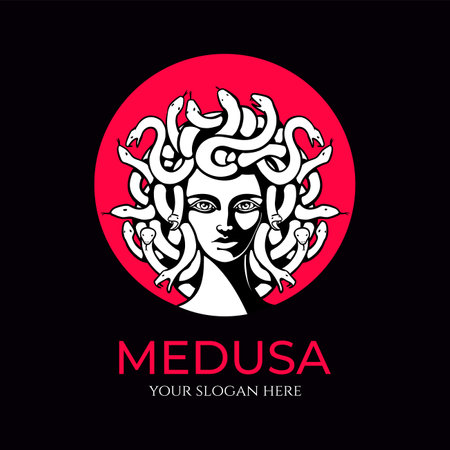 Medusa gorgon logo. Head of a woman with snakes. Protective amulet. Logo for different directions.のイラスト素材