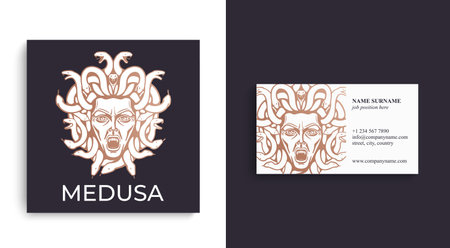 Medusa gorgon logo. Head of a woman with snakes. Protective amulet. Logo for different directions.のイラスト素材
