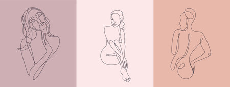 Woman vector lineart illustration. Elegant Feminine Beauty Logo. Woman Line Art Minimalist Logo. One Line style drawing. Nature symbol of cosmetics.のイラスト素材