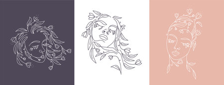 Logo Woman face with flowers. Woman vector lineart illustration. Elegant Feminine Beauty Logo. Woman Line Art Minimalist Logo. Botanical print. vectorのイラスト素材