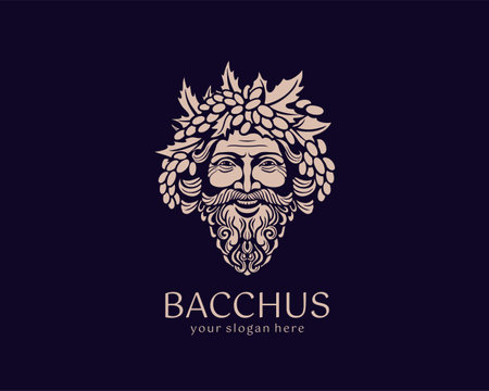 Logo Bacchus or Dionysus. Man face logo with grape berries and leaves. A style for winemakers or brewers. Sign for bar and restaurant. Modern logoのイラスト素材