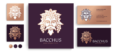 Logo Bacchus or Dionysus. Man face logo with grape berries and leaves. A style for winemakers or brewers. Sign for bar and restaurant. Modern logoのイラスト素材