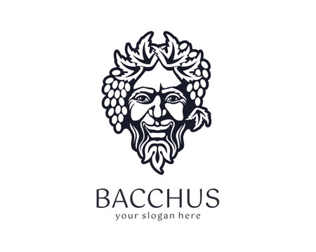 Logo Bacchus or Dionysus. Man face logo with grape berries and leaves. A style for winemakers or brewers. Sign for bar and restaurant. Modern logoのイラスト素材