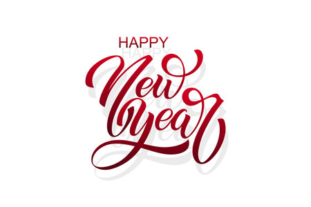 Happy New Year hand lettering calligraphy. Vector holiday illustration element. Typographic element for banner, poster, congratulations.のイラスト素材