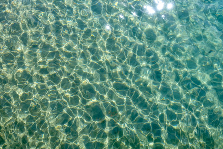 Clean transparent sea water, lake bottom and sand. Beautiful blue, turquoise transparent surface...