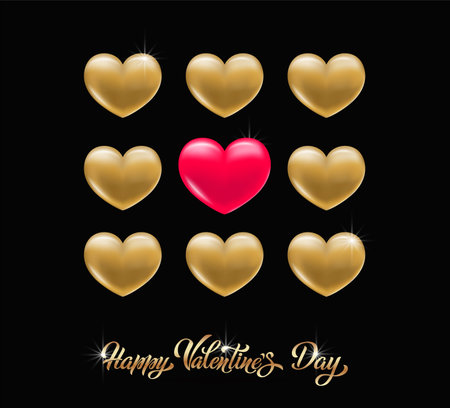 Happy Valentine's Day stylish black and gold. Vector handwritten lettering. With a beautiful background of 3D hearts. Vector illustration. Text for a card or invitation.のイラスト素材