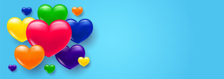 Background with heart. Multi-colored volumetric hearts in the colors of the LGBT pride rainbow. Texture for banner and postcard. Vector illustrationのイラスト素材