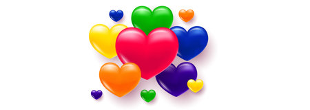 Background with heart. Multi-colored volumetric hearts in the colors of the LGBT pride rainbow. Texture for banner and postcard. Vector illustrationのイラスト素材