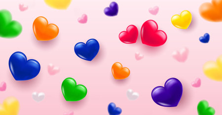 Background with heart. Multi-colored volumetric hearts in the colors of the LGBT pride rainbow. Texture for banner and postcard. Vector illustrationのイラスト素材