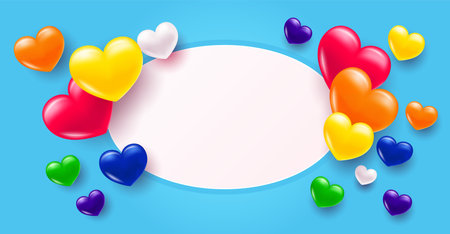 Background with heart. Multi-colored volumetric hearts in the colors of the LGBT pride rainbow. Texture for banner and postcard. Vector illustrationのイラスト素材