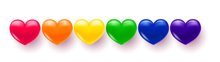 Background with heart. Multi-colored volumetric hearts in the colors of the LGBT pride rainbow. Texture for banner and postcard. Vector illustrationのイラスト素材