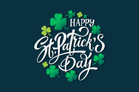 Happy Saint Patricks day handwritten lettering typography. Hand drawn design elements. Logos and emblems for invitationのイラスト素材