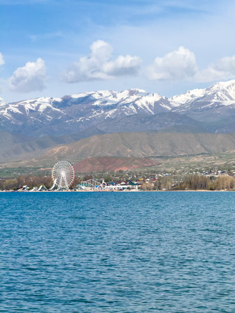 Sunny summer day on the lake. Mountains and sea. Kyrgyzstan, Lake Issyk-Kulの写真素材