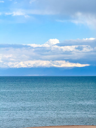 Sunny summer day on the lake. Kyrgyzstan, Lake Issyk-Kulの写真素材