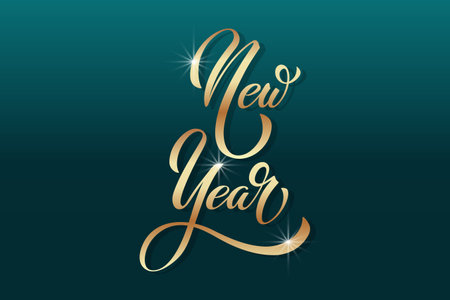Happy New Year hand lettering calligraphy. Vector holiday illustration element. Typographic element for banner, poster.のイラスト素材