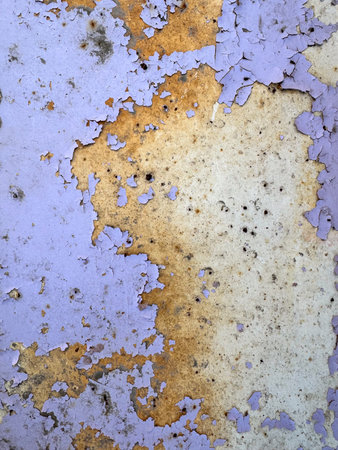 Peeling violet paint on a rusty wall with patina and stains
