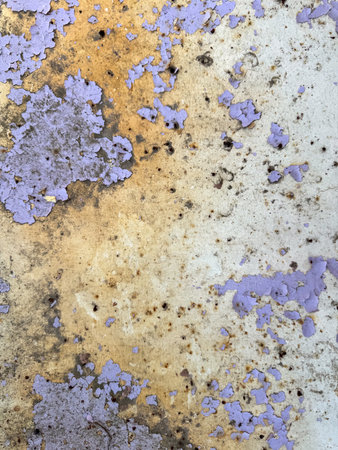 Peeling violet paint on a rusty wall with patina and stains