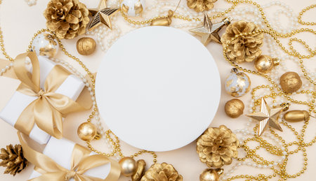 Elegant festive composition featuring gold ornaments, stars, ribbons, and pearls, perfect for greeting cards, branding, or winter holiday promotions.の写真素材