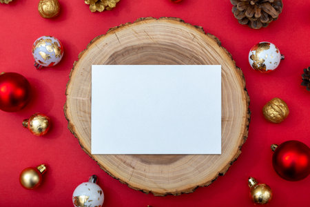 White paper card on wooden slice surrounded by Christmas baubles and pinecones on red background. Festive mockup with copy space.の写真素材