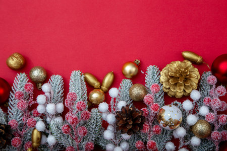 Christmas festive composition with pine cones, baubles and fir branches on red background with copy space. Holiday backdrop for greetings and design.の写真素材