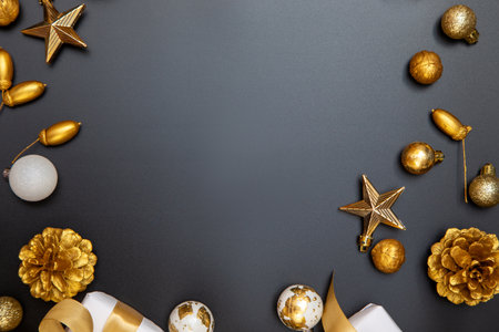 Merry Christmas and Happy New Year greeting card, frame, and banner. Holidays design. Noel and Feliz Navidad. Christmas gifts and decorations, top view. Flat lay.の写真素材